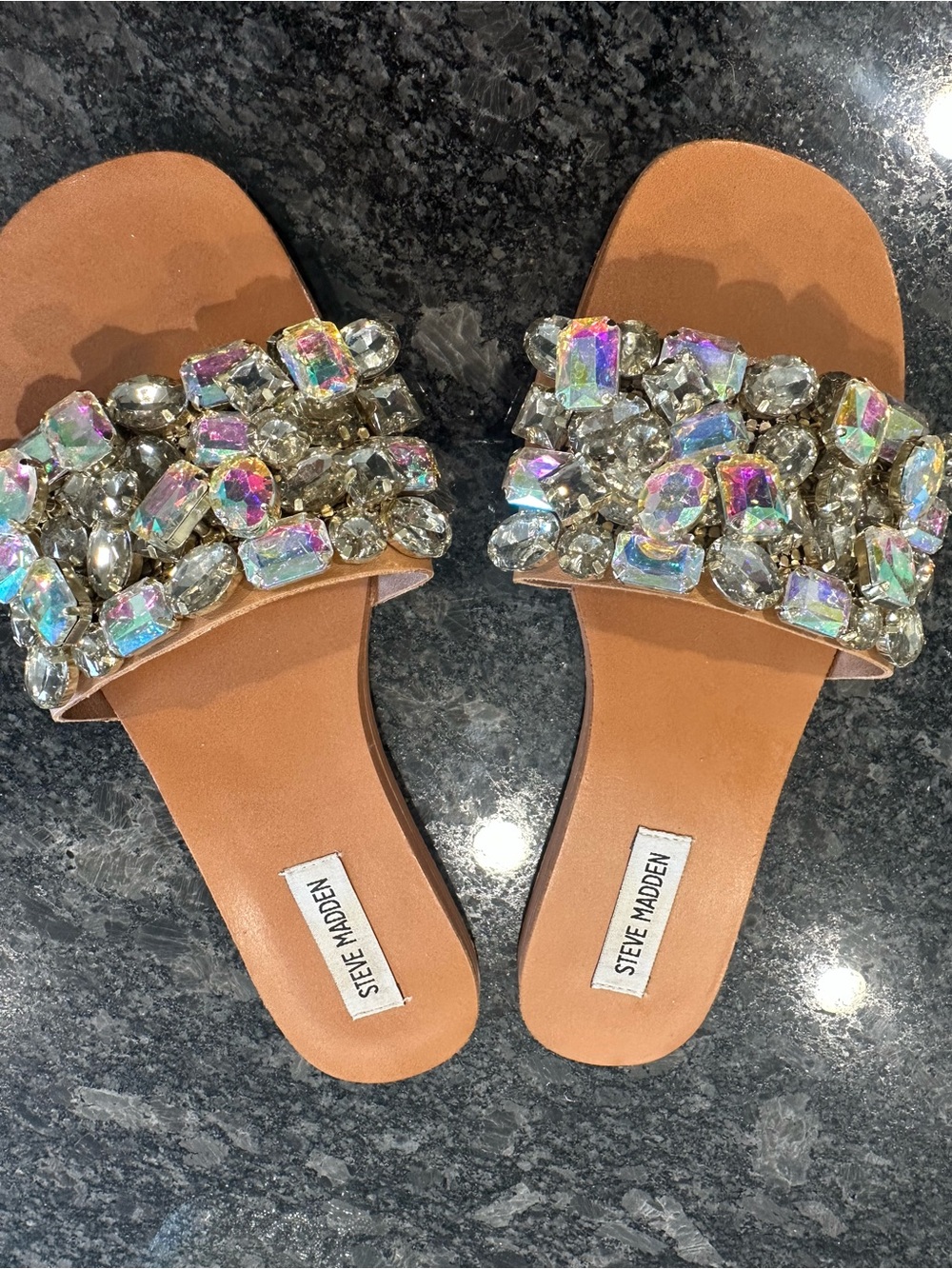Steve Madden Tan Slide Sandals with Iridescent Gem Embellishments - Picture 1 of 4